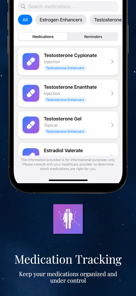 Tela de rastreamento de medicamentos no aplicativo Hormone Helper mostrando uma lista de medicamentos de terapia hormonal, como injeções e géis de testosterona