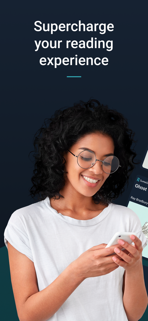 A young woman smiling while looking at the SuperSummary app on her phone