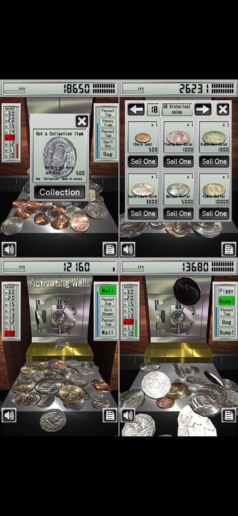 Four screenshots of MONEY PUSHER USD showing coin pusher gameplay, rare historical coin collection, and vault features.