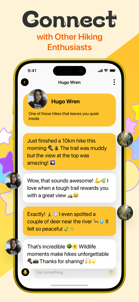 A smartphone display showing a chat interface between two hikers in the Plurn app sharing stories and photos from a recent 10km trail adventure.