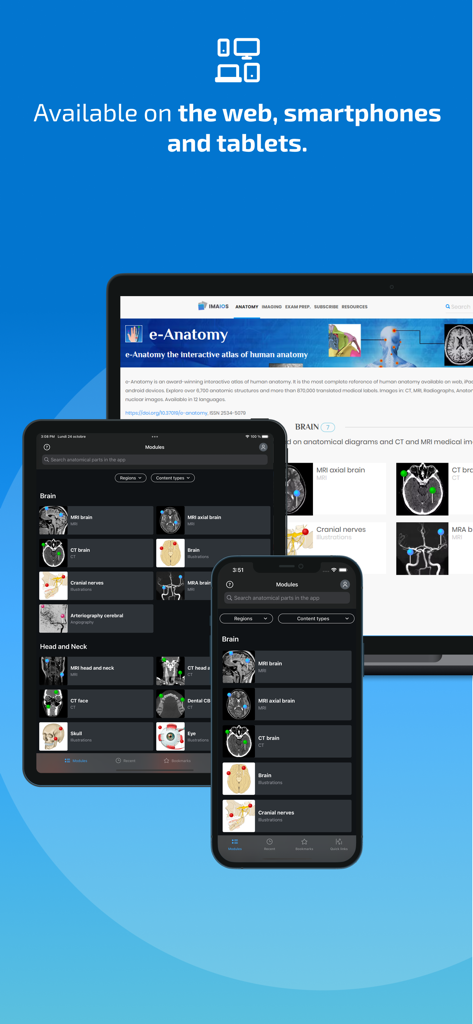 Aplicativo IMAIOS e-Anatomy exibido em um laptop, tablet e smartphone mostrando módulos anatômicos.