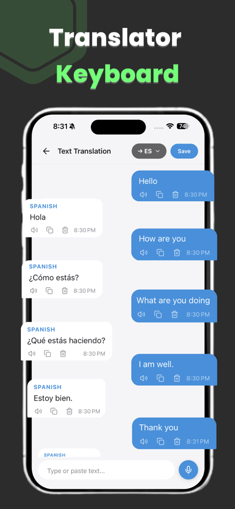 Real Time Translator -RTT Live - リアルタイム翻訳アプリ。英語とスペイン語の話者間のチャット形式の会話履歴とテキスト読み上げオプションが表示されています。