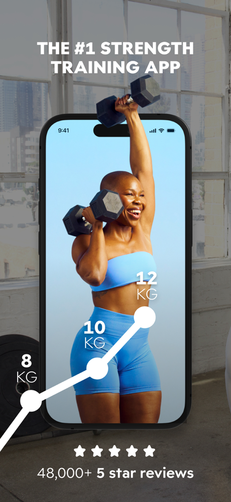 EvolveYou: Strength For Women - EvolveYou app screen showing a woman lifting weights and a chart tracking strength progression from 8kg to 12kg