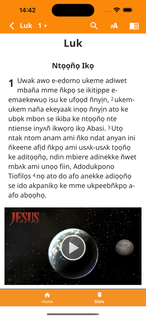 Ibibio Bible app displaying Luke chapter 1 and a video player for the Jesus film