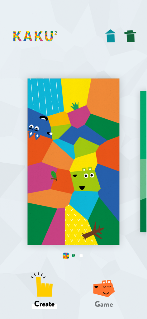 KAKU² - Funny Shape Play - Main menu of the KAKU² app featuring colorful geometric artwork with Create and Game mode buttons.