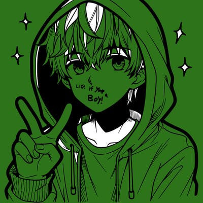 teenage manga boy in a hoodie, doing ✌