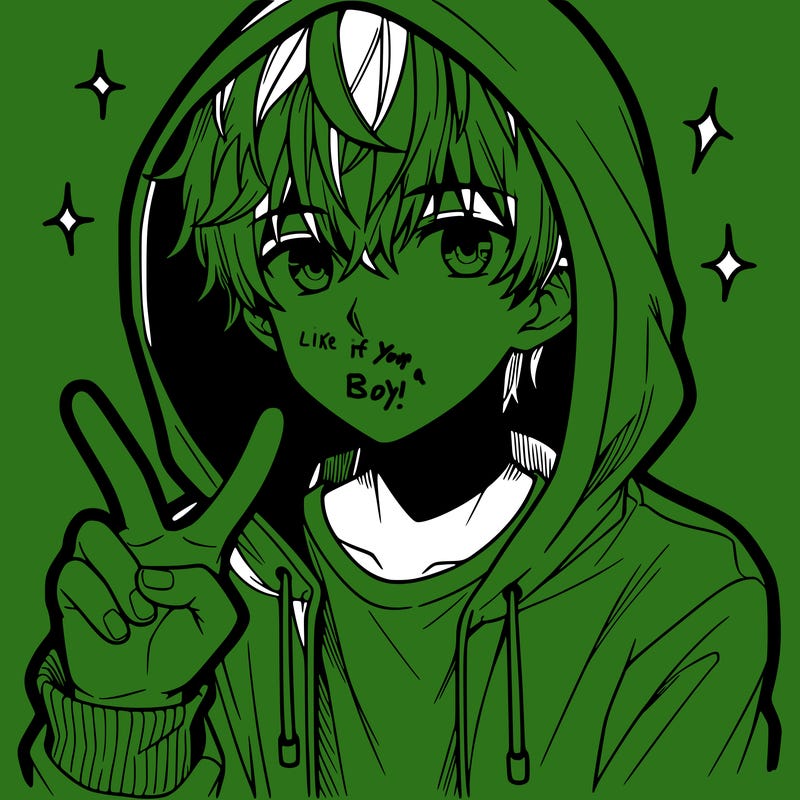 teenage manga boy in a hoodie, doing ✌