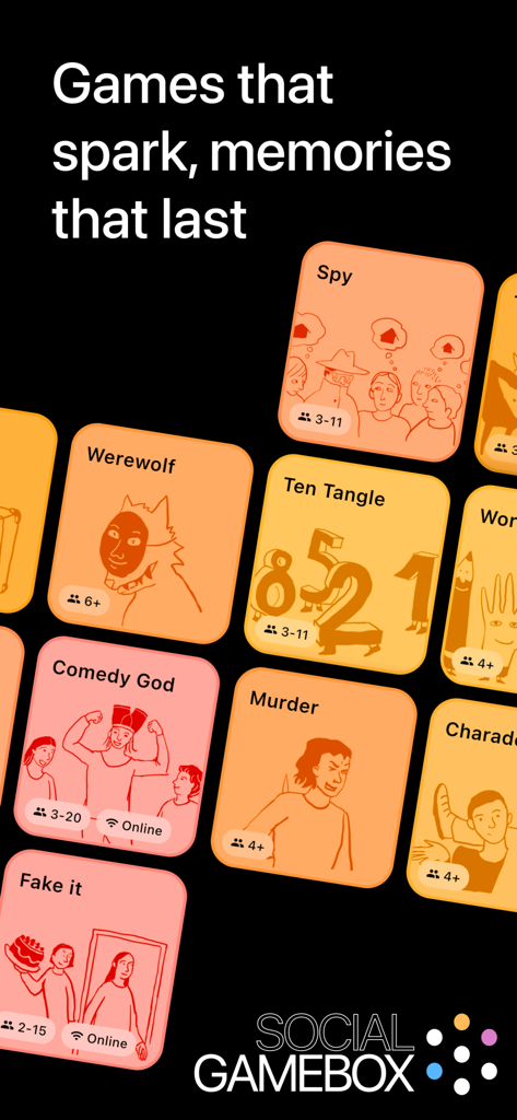 A variety of social group games like Spy and Werewolf displayed on the Social Gamebox app screen
