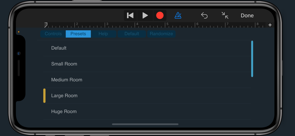 GateVerbオーディオプラグインのプリセットメニュー。iPhone上でルームサイズのオプションが表示されています。