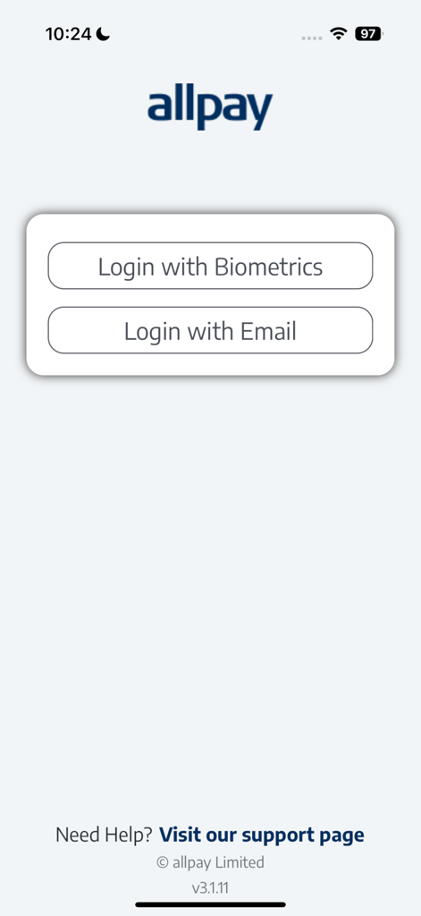 Login screen of the allpay app featuring buttons for biometrics and email authentication