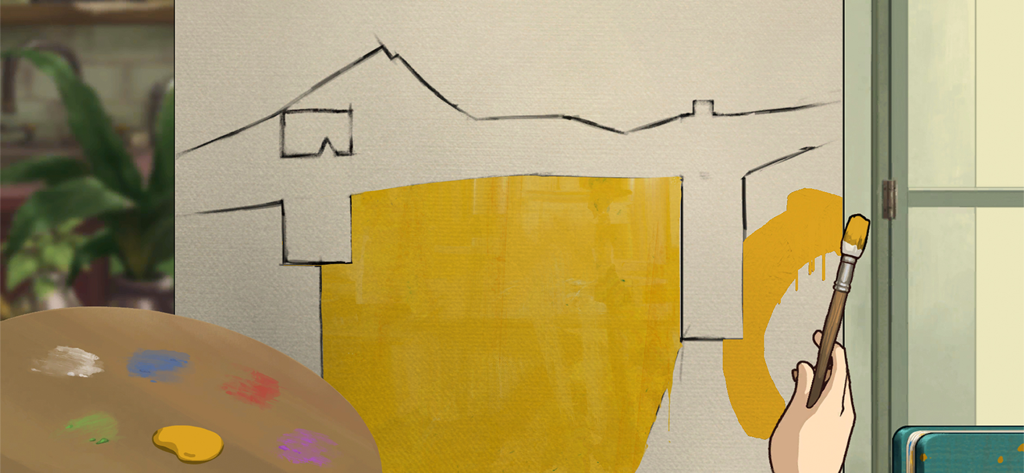 Crunchyroll: Behind the Frame - A hand using a brush to paint a yellow scene on a canvas with a colorful paint palette in the foreground