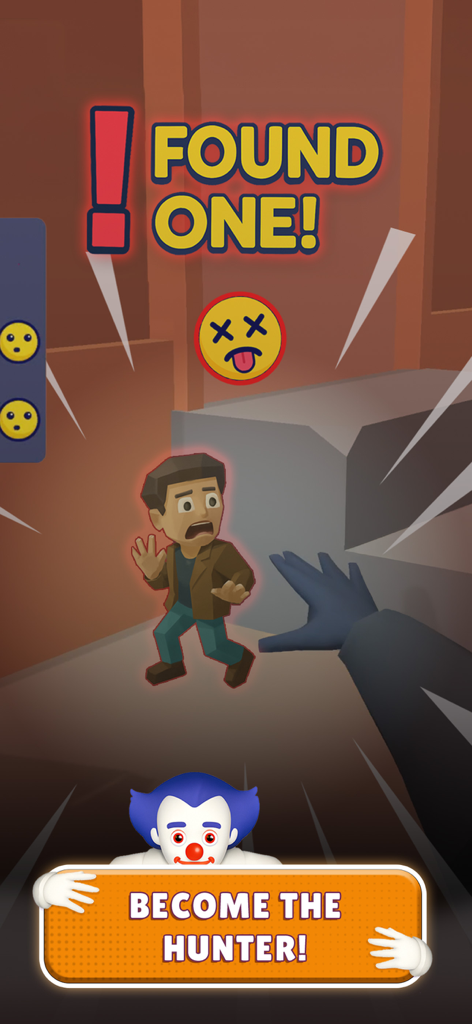 Hunt & Seek - A first-person view in the Hunt and Seek game showing a hunter catching a hiding character with text saying Found One