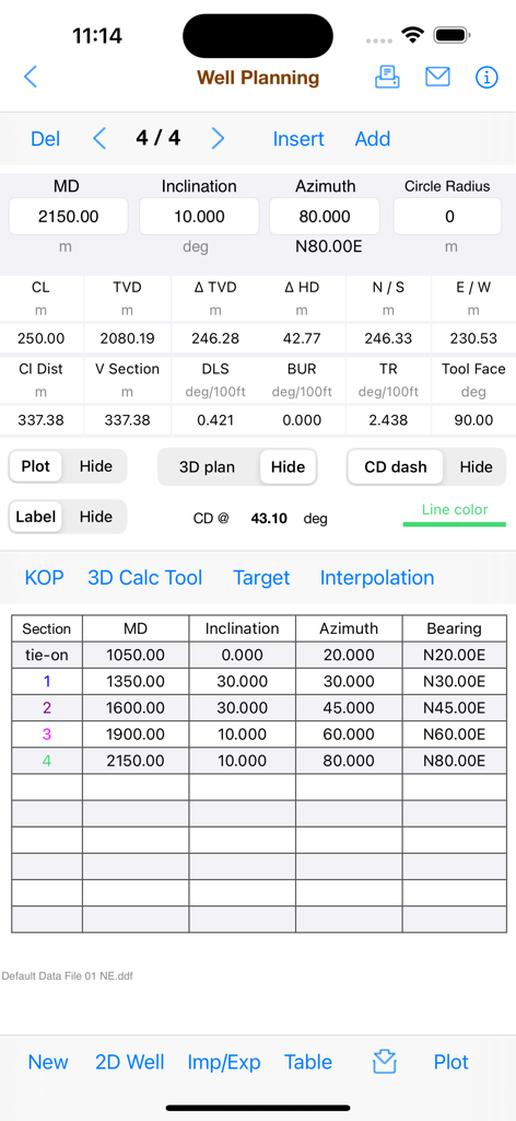 Directional Well Planning - Screenshot of Directional Well Planning app showing drilling survey data and trajectory calculations