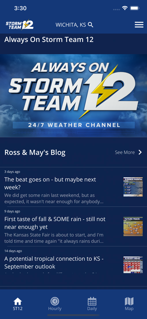 Storm Team 12 weather app home screen showing local Wichita news blogs and navigation icons