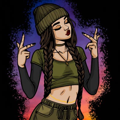 realistic teenage girl with braids and a beanie and crop top doing 🫶🏼