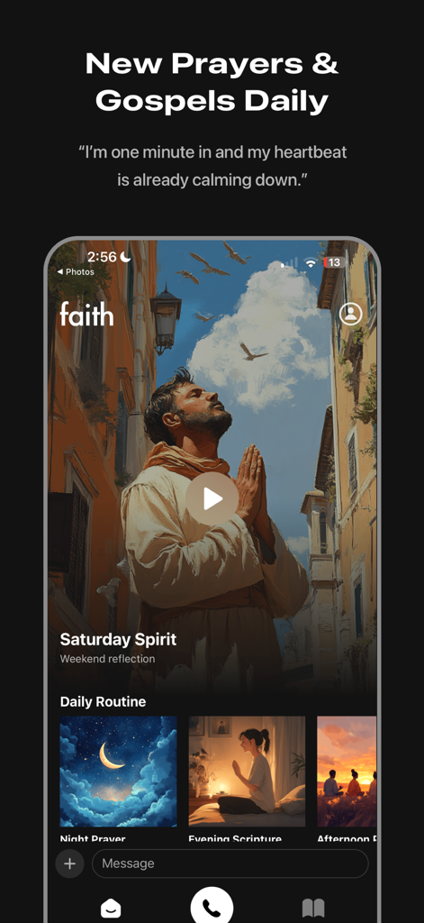 Faith - The Video Bible - 매일 기도와 복음 영상 콘텐츠를 보여주는 Faith 앱 인터페이스