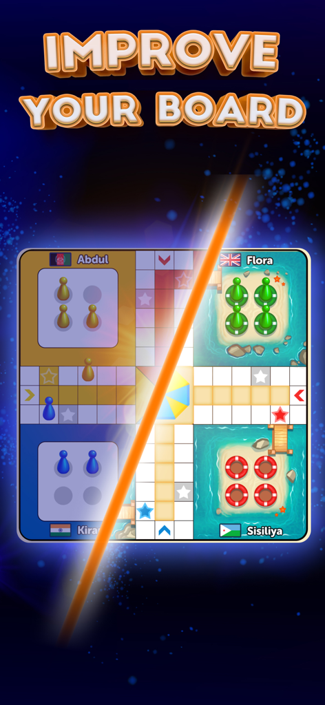 A split screen showing a classic ludo board on the left and a premium tropical-themed board on the right with the text improve your board.