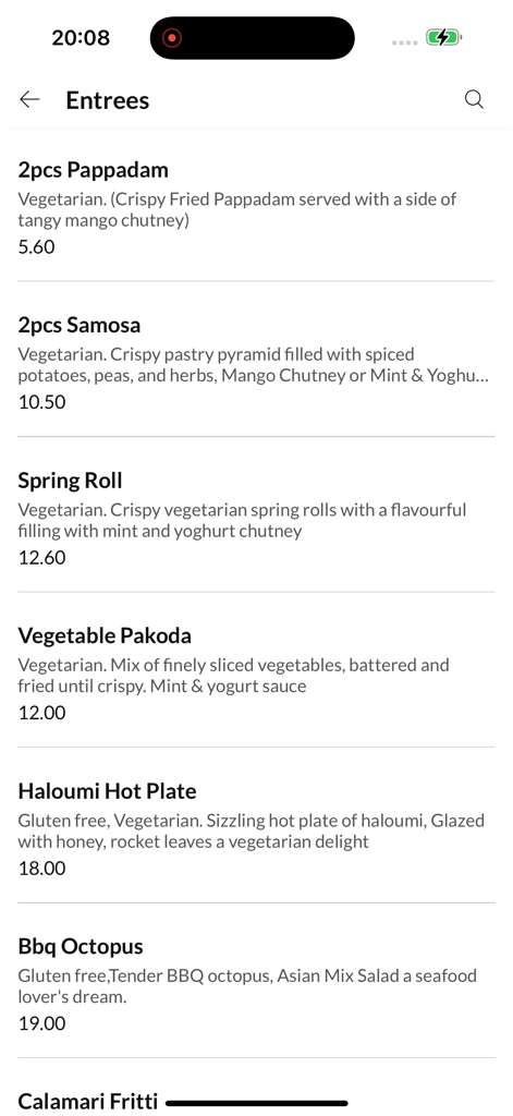 Screenshot of the Entrees menu in the Foodmandu app showing a list of appetizers like samosas and vegetable pakoda