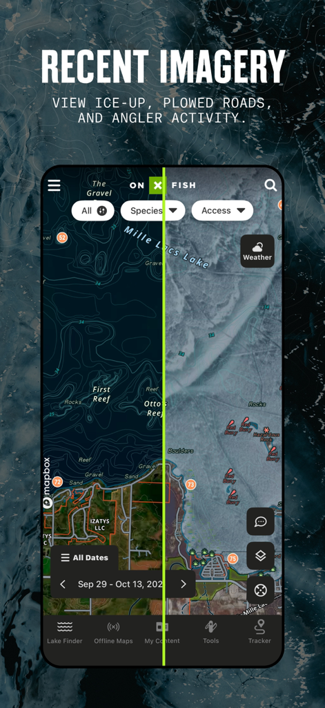 onX Fish: Midwest Lake Finder - A split screen view in the onX Fish app comparing depth contours with recent satellite imagery of a lake.