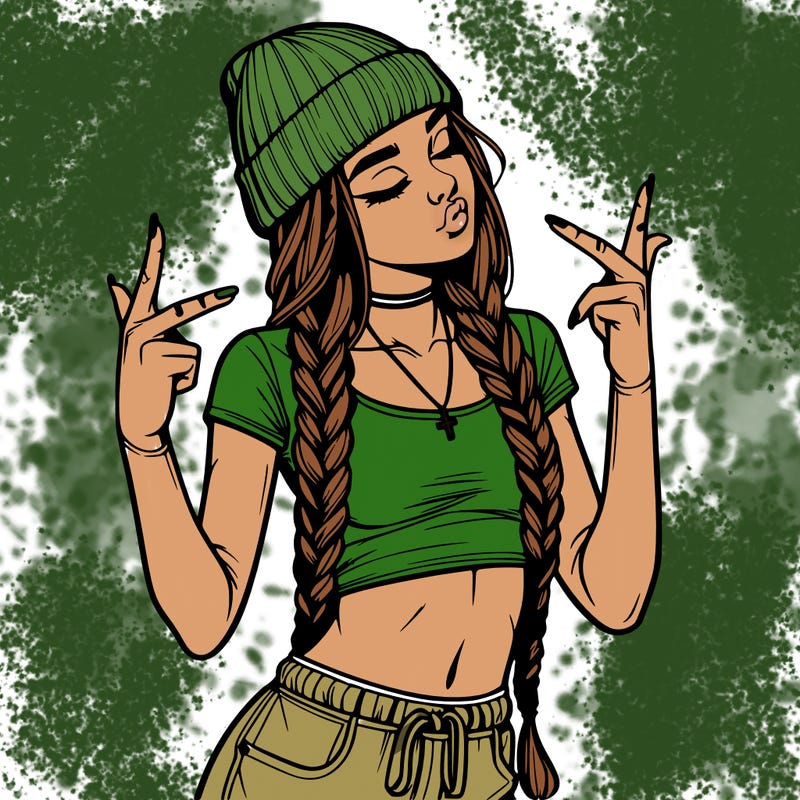 realistic teenage girl with braids and a beanie and crop top doing 🫶🏼