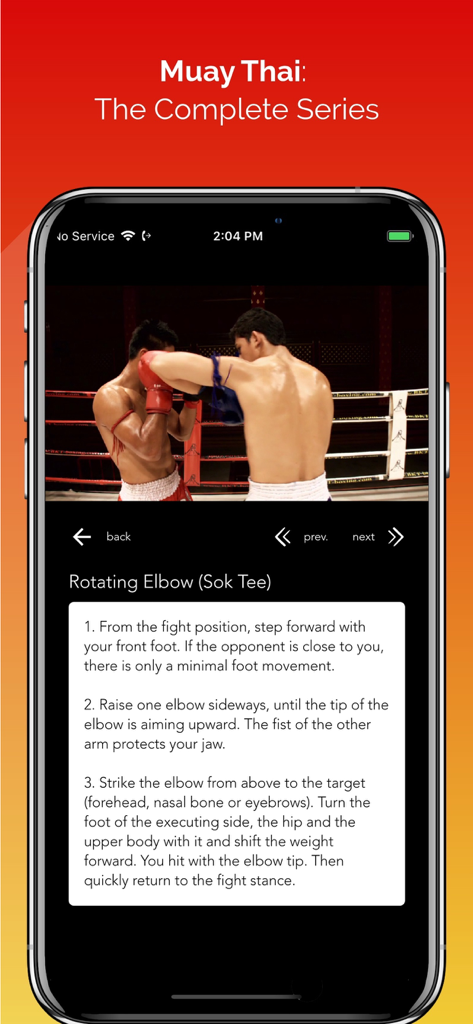 Mobile app screen showing a video and step-by-step instructions for the Muay Thai rotating elbow technique.