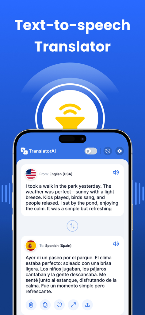 AI Translator, Voice Translate - Tela do aplicativo AI Translator mostrando tradução de texto para fala de inglês para espanhol