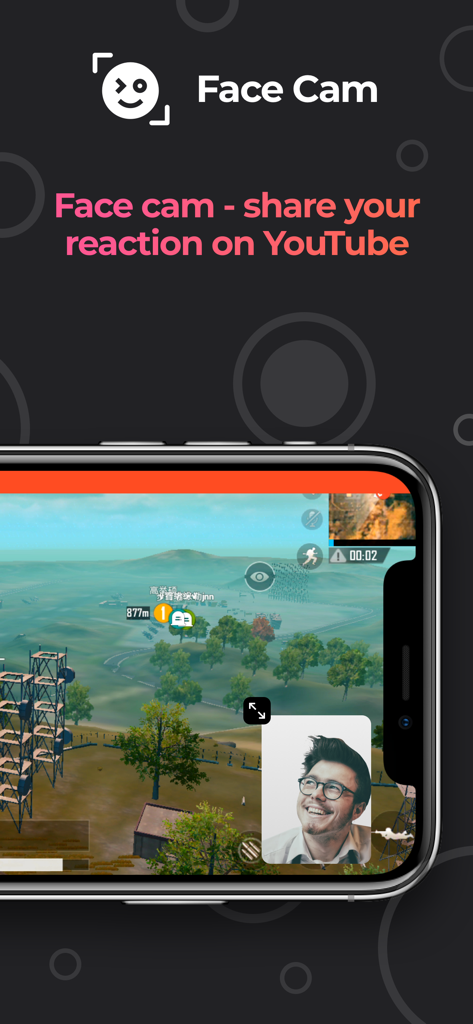 Interface do aplicativo de gravação de tela mostrando um overlay de reação Face Cam sobre a jogabilidade mobile