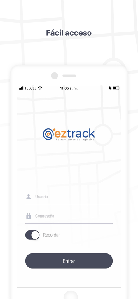 Eztrack - Eztrack-App-Anmeldebildschirm für Logistik auf Spanisch mit Feldern für Benutzername und Passwort sowie einer Anmeldeschaltfläche