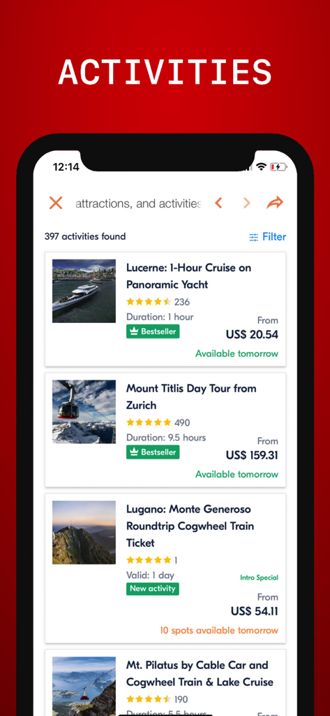 Switzerland travel app activities listing screen