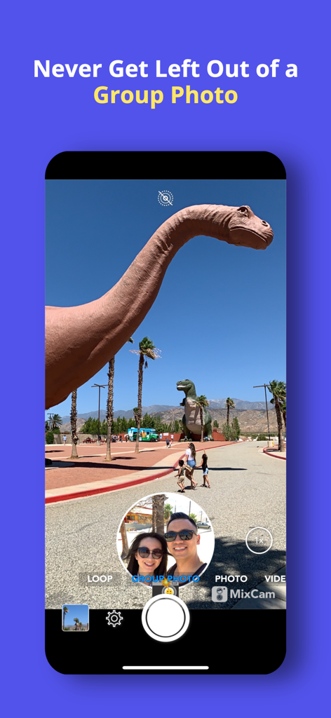 MixCam: Front and Back Camera - A mobile app interface showing a dual camera capture of a dinosaur park and a selfie.