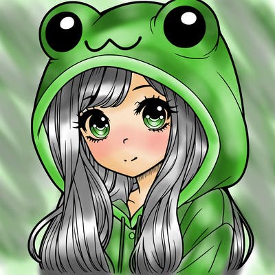 a pretty girl wearing a frog hoodie portrait with long hair
