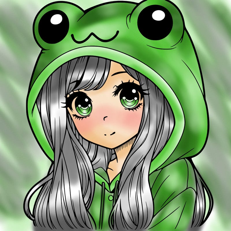 a pretty girl wearing a frog hoodie portrait with long hair