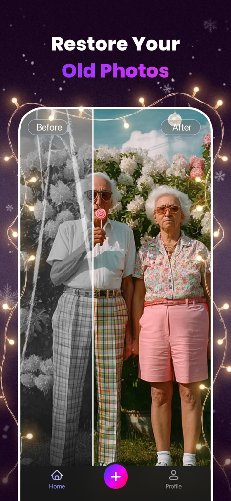 Comparación de antes y después que muestra una foto antigua dañada siendo restaurada y coloreada por IA