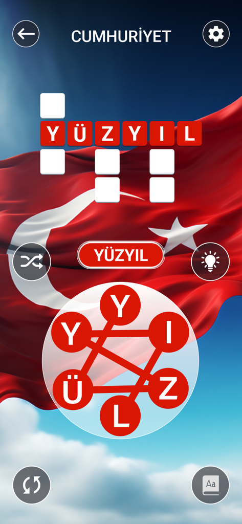 Kelime Gezmece - Kelime Gezmece mobile word puzzle game interface with a Turkish flag background