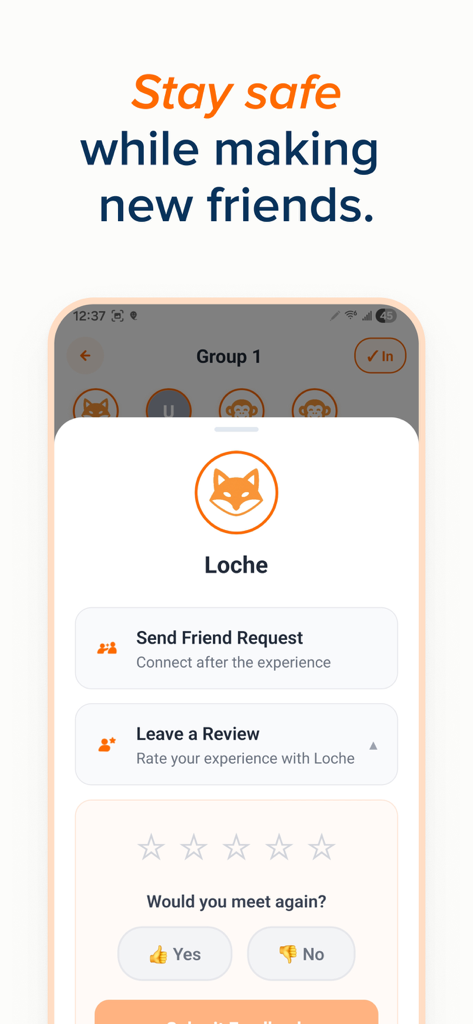 Meet OffScreen: IRL Friends - A mobile app interface displaying a safety and review screen where users can send friend requests and rate their experience with others after a meetup.