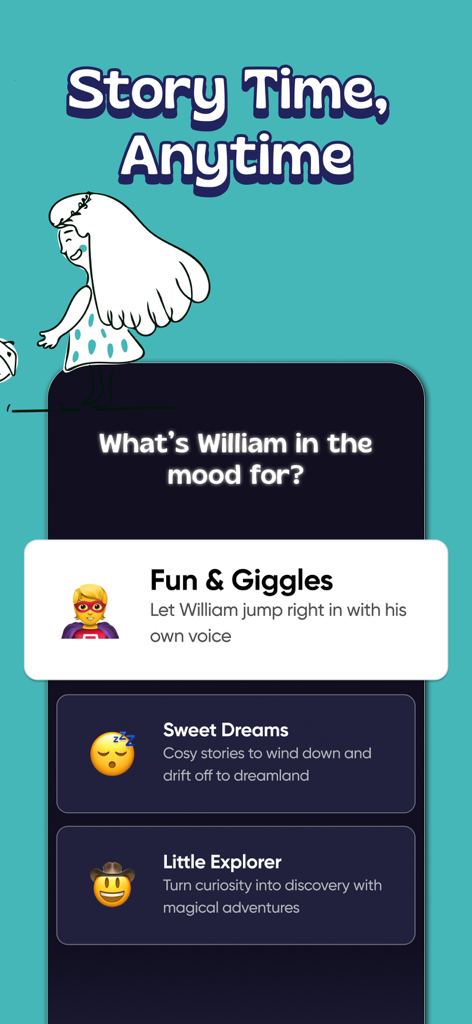 Boon - Stories for Kids - Boonアプリのインターフェース。Fun and Giggles、Sweet Dreams、Little Explorerなどの子供向けのパーソナライズされたストーリーのムードカテゴリーが表示されています。