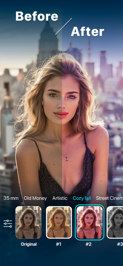 App Presets for Lightroom - Vorher-Nachher-Vergleich eines warmen Fotofilters, der auf ein Frauenporträt in einer Stadt angewendet wird