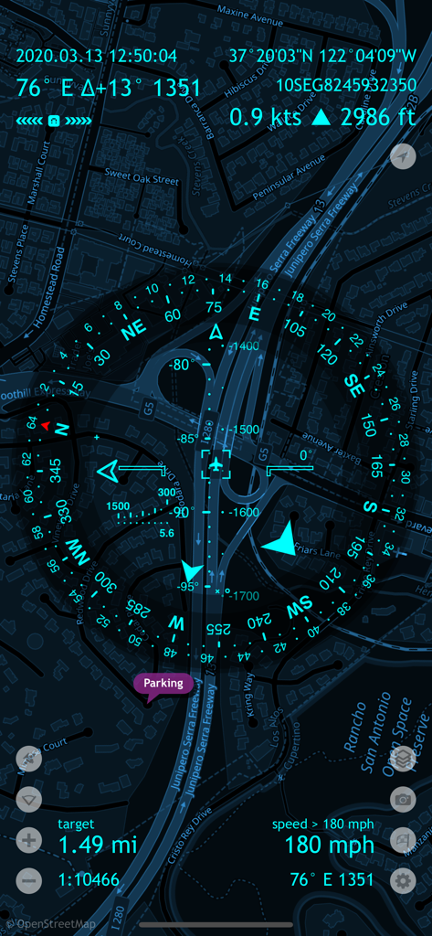 Spyglass app interface showing a tactical heads up display with navigation data and maps
