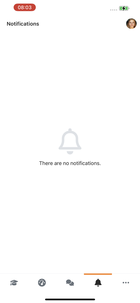 Écran des notifications de l'application mobile Moodle montrant aucune alerte en cours