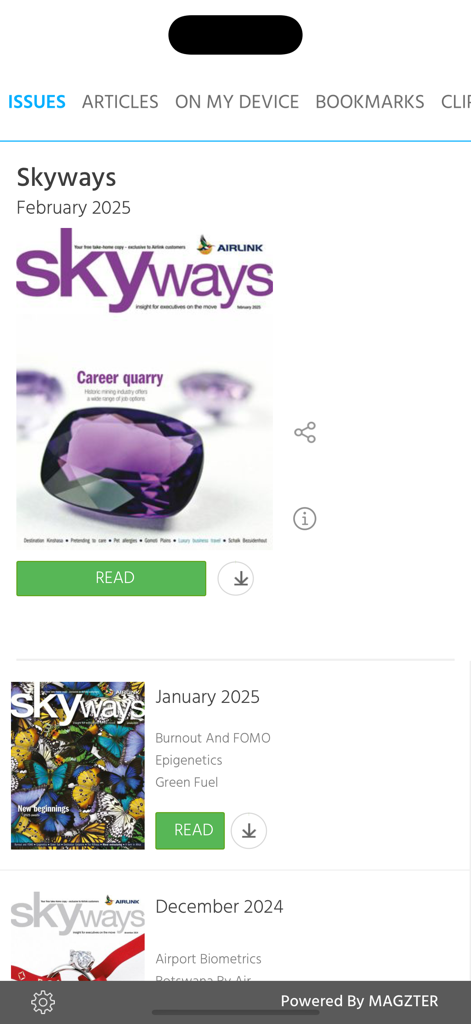 Interface of the Skyways magazine app showing a list of digital issues for February and January 2025