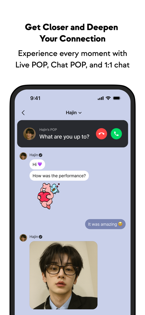 Una captura de pantalla de la interfaz de la app b.stage mostrando una conversación de chat 1 a 1 y una notificación de llamada en vivo de un artista