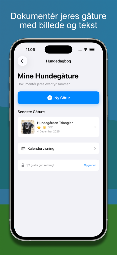 Dog forest - Mobile app screen showing a dog walking diary with recent walks and photos