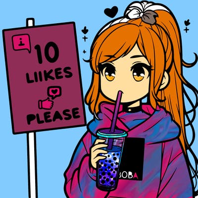 girl with a high ponytail and a hoodie drinking boba staring at a sign saying 10 likes please