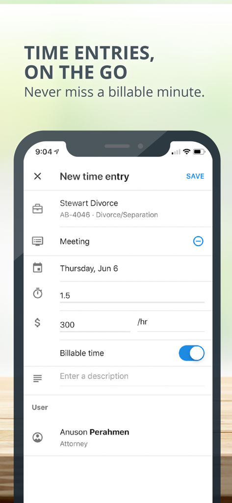 Interface of the MyCase mobile app showing a new billable time entry screen for legal professionals