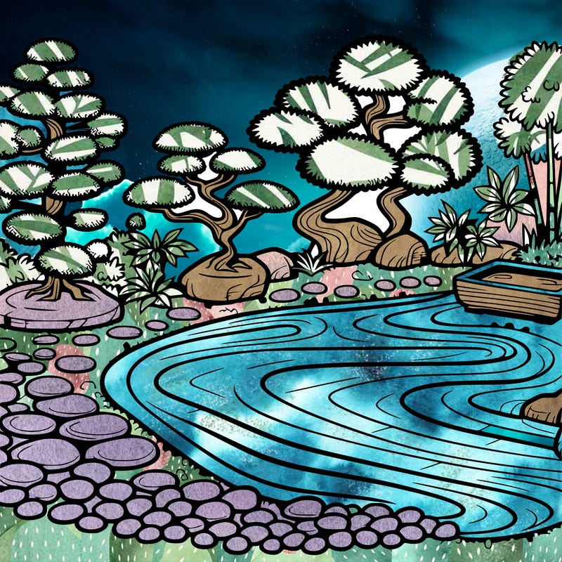 a serene zen garden with raked gravel, bonsai trees, and tranquil ponds