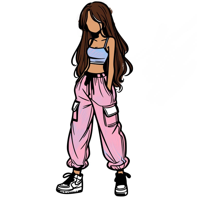 girl in baggy pants crop top and long hair