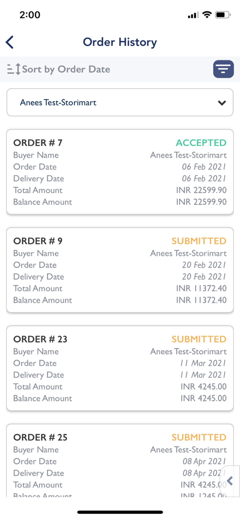 Storimart Salesman Ordering - The order history screen of the Storimart Salesman app showing a list of submitted and accepted orders with dates and amounts.