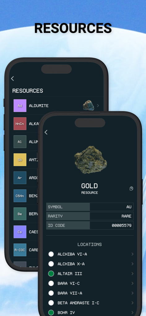 Companion & Guide for SF - Captura de tela da seção de recursos no aplicativo companheiro de Starfield mostrando detalhes e locais do recurso de ouro