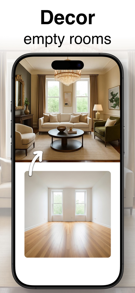 AIを使用してスタイリッシュなリビングルームに変換される空の部屋が表示されたスマートフォン画面。