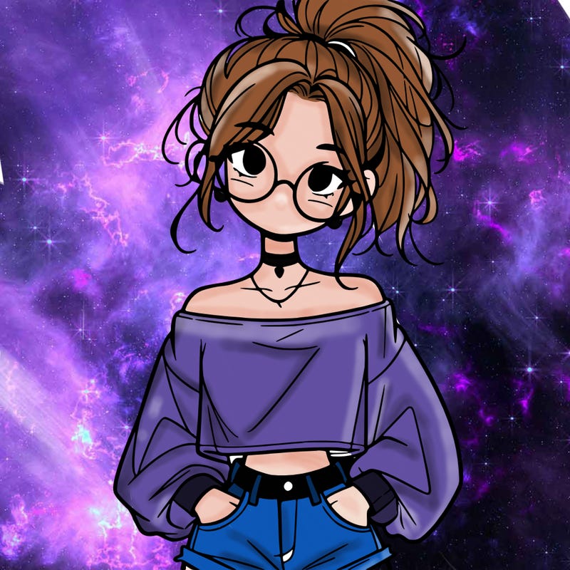 girl with a messy ponytail glasses a baggy crop top and jean shorts